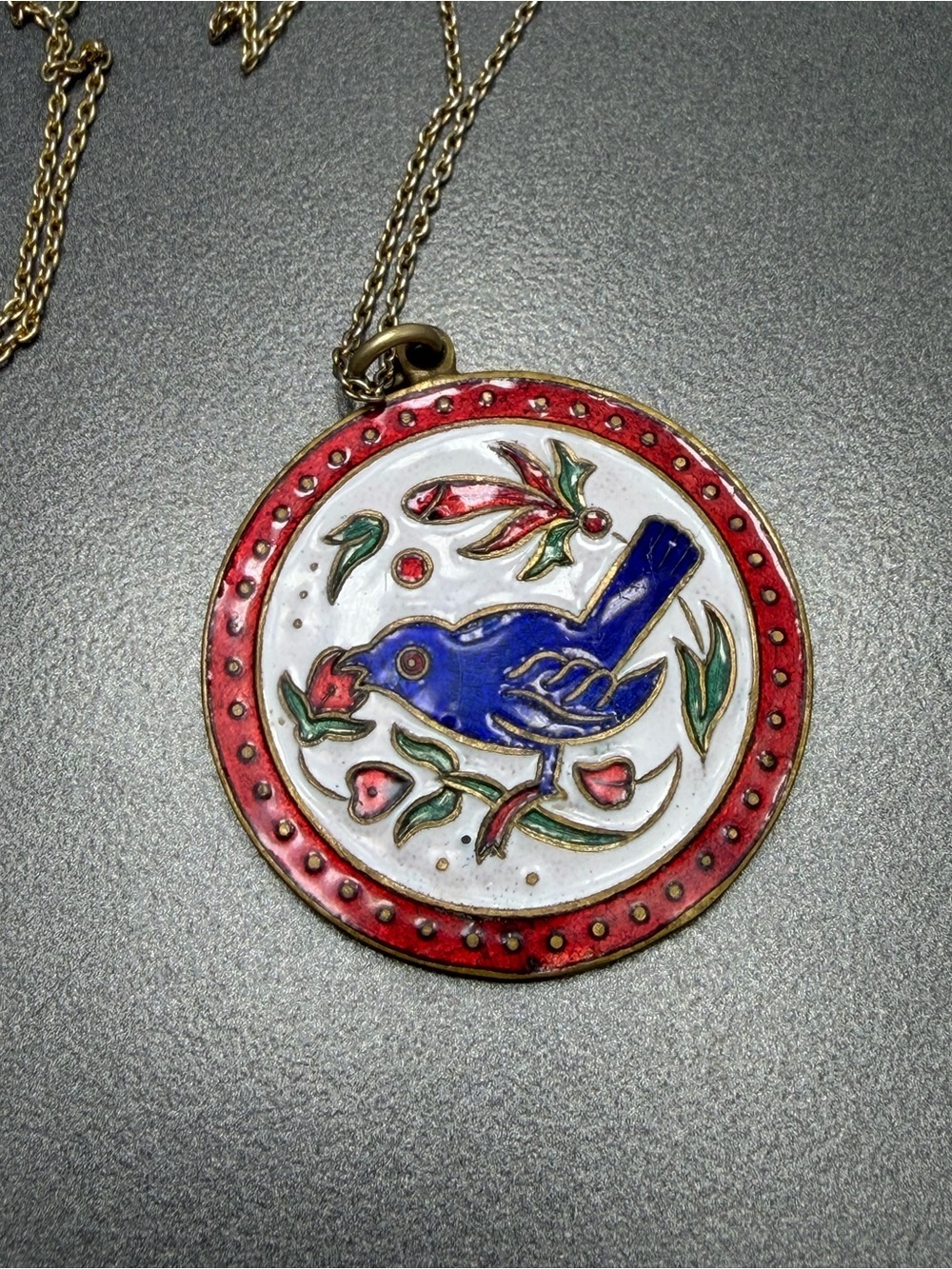 💚2/$60 Vintage Champleve Enamel Blue Bird Pendant